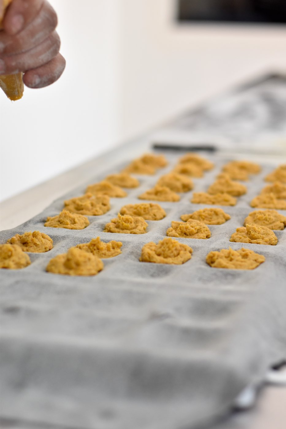 Pasta rellena hecha a mano, acomodada sobre la mesa de trabajo